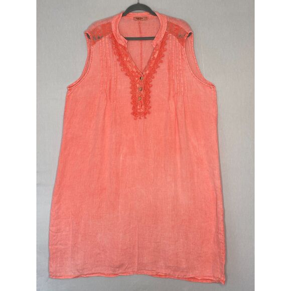 Alessia Pacini Linen Tunic Dress Womens 1X Salmon Pink Lace Pintuck Front Shift - Picture 1 of 10